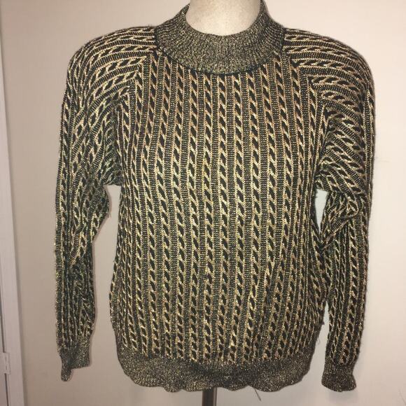 Vintage 1980's Renee Tener for Jeanne Pierre Black & Metallic Gold Sweater S - Picture 2 of 8